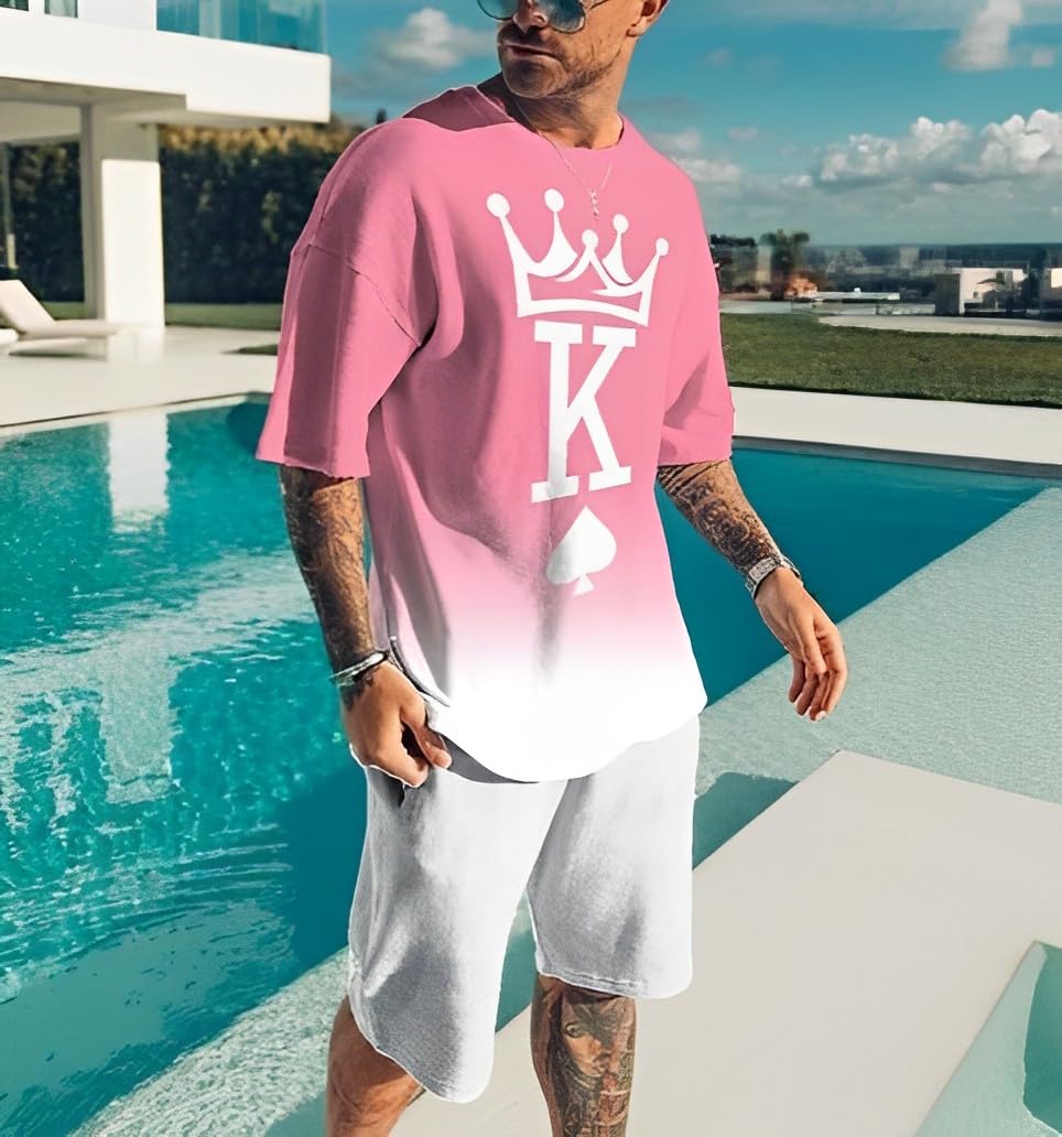 Men's Short Sets 2 Piece Summer Outfits Tracksuits Short Sleeve Shirt and Shorts 3D Poker Shirt