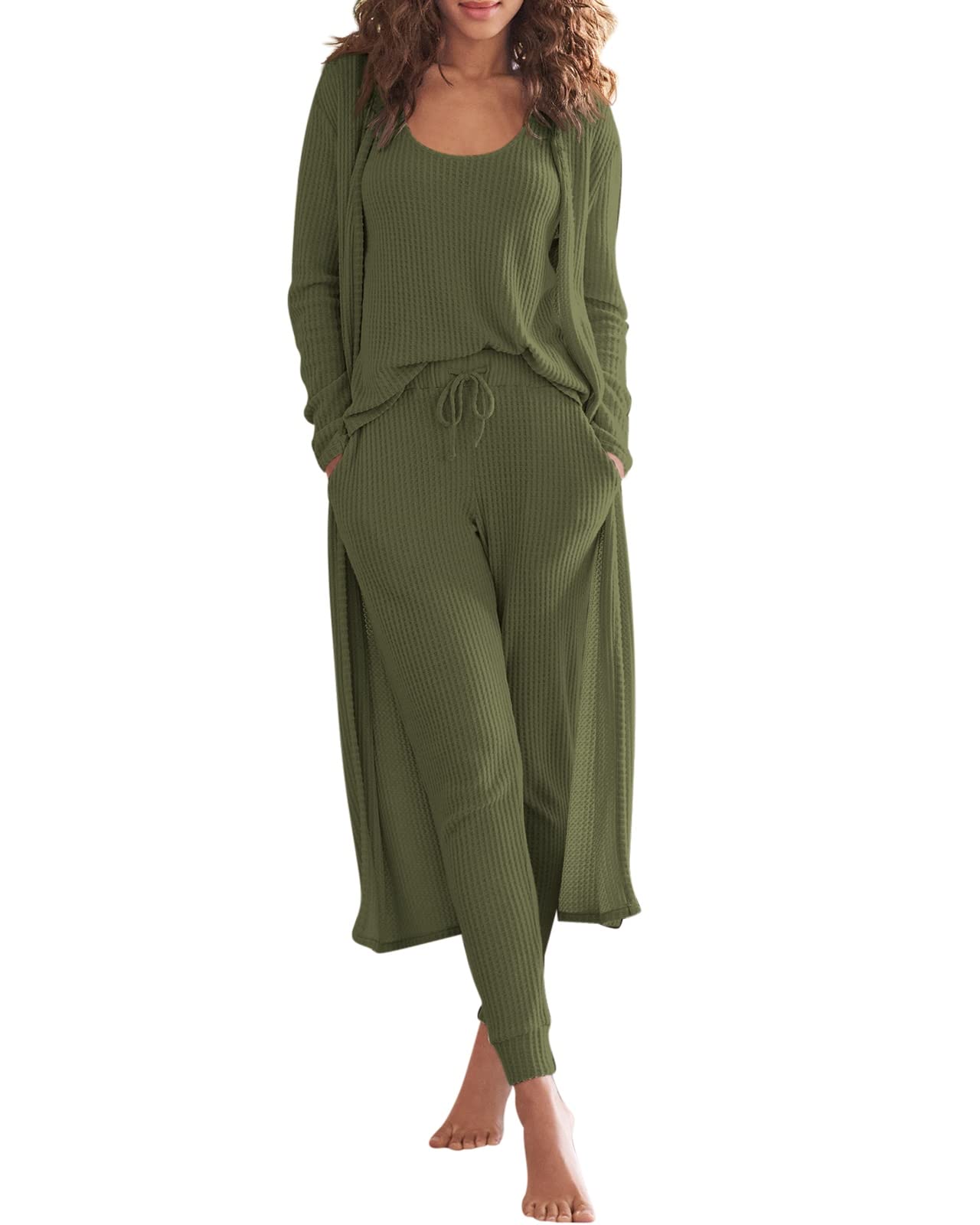 Eurivicy Womens Lounge Set Waffle Knit 3 Piece Pajama Sets Tank Tops Loose Pants with Long Cardigan Loungewear 2024