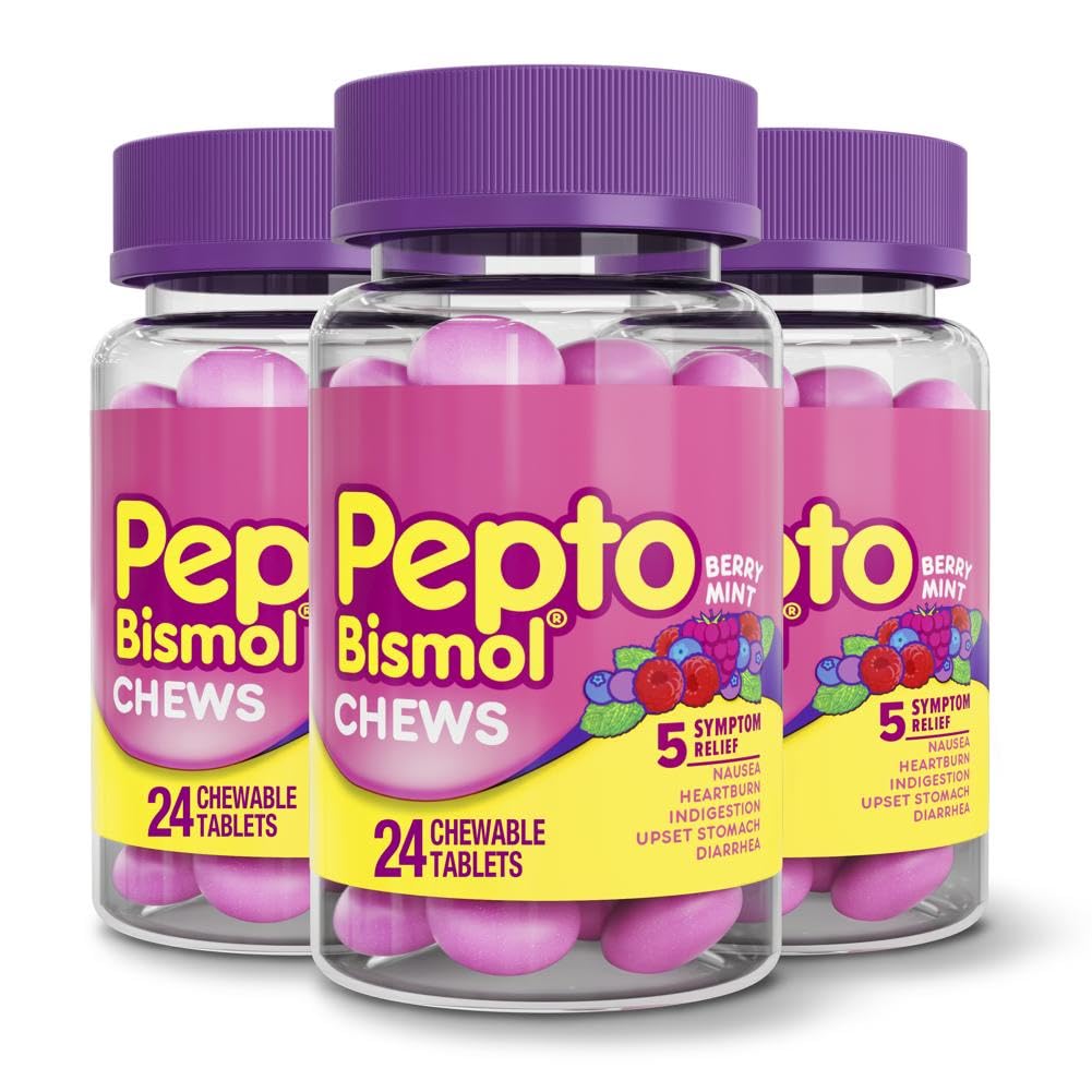 Pepto Bismol Chews, Fast and Effective Digestive Relief from Nausea, Heartburn, Indigestion, Upset Stomach, Diarrhea, 72 Total (3 Packs of 24)