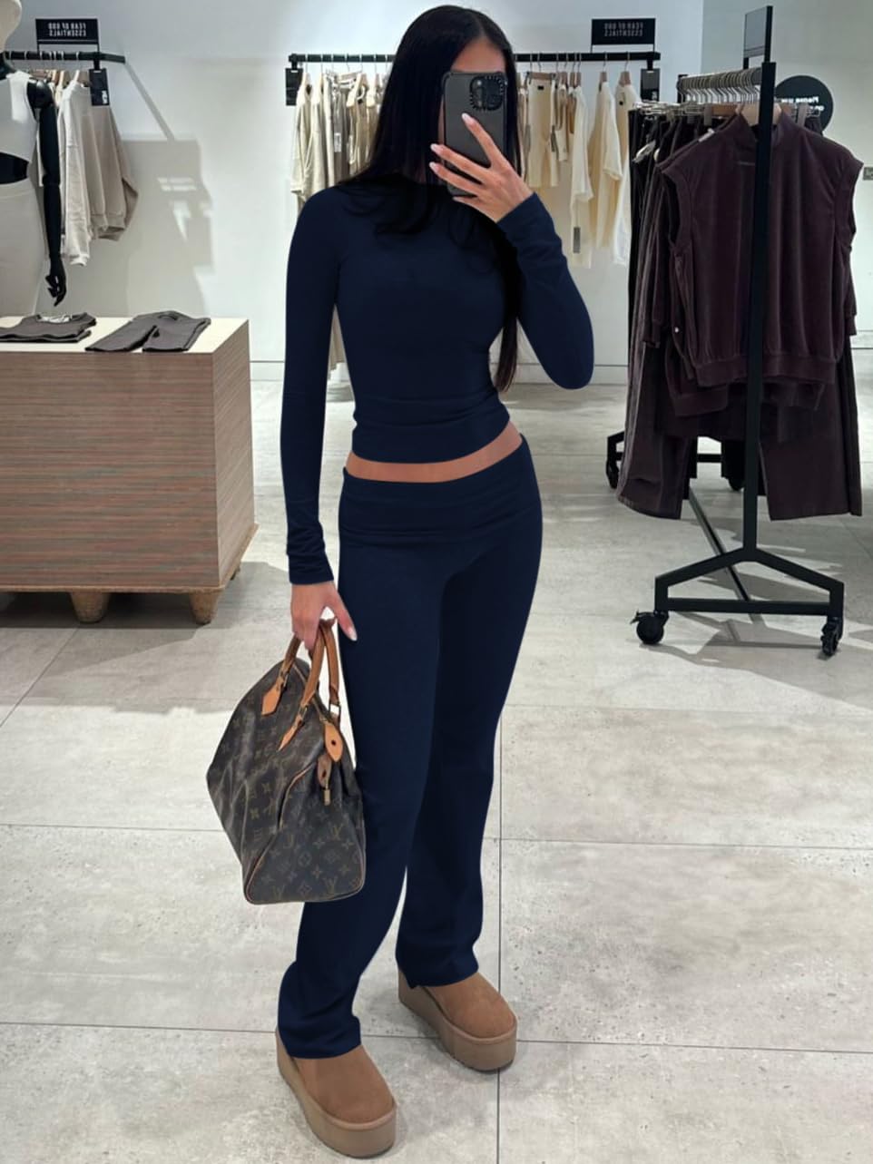 ZFLM Casual Workout Two Piece Outfits Long Sleeve High Waist Fold-over Flare Flared Leggings Pants Tracksuit Sets Streetwear