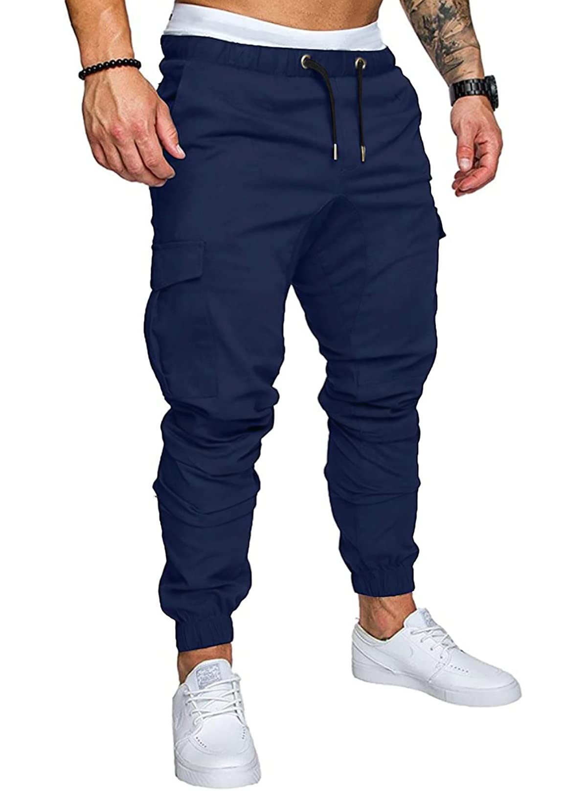 JMIERR Mens Fashion Cargo Pants - Casual Cotton Tapered Stretch Twill Drawstring Athletic Joggers Sweatpants with 6 Pockets