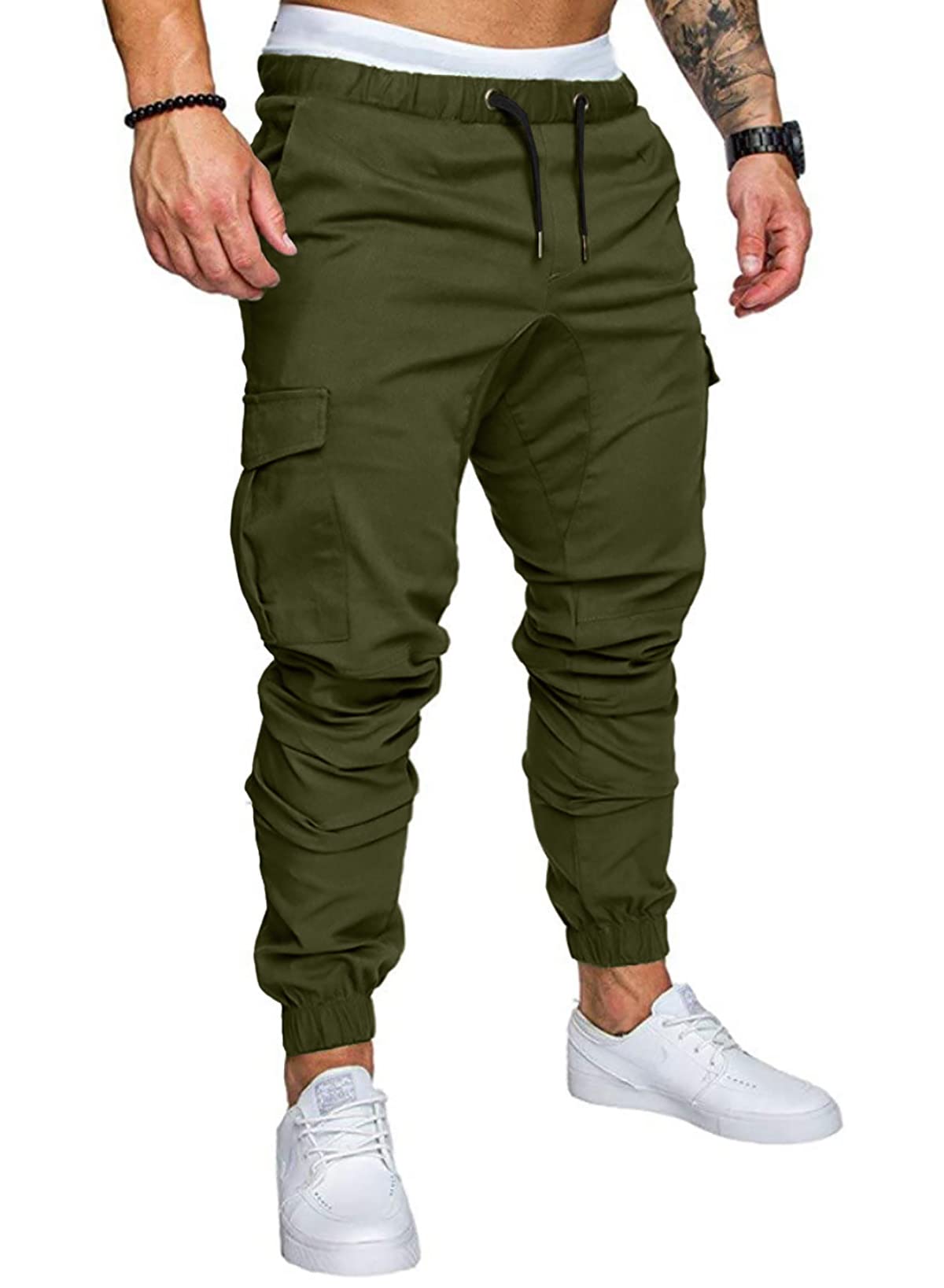JMIERR Mens Fashion Cargo Pants - Casual Cotton Tapered Stretch Twill Drawstring Athletic Joggers Sweatpants with 6 Pockets