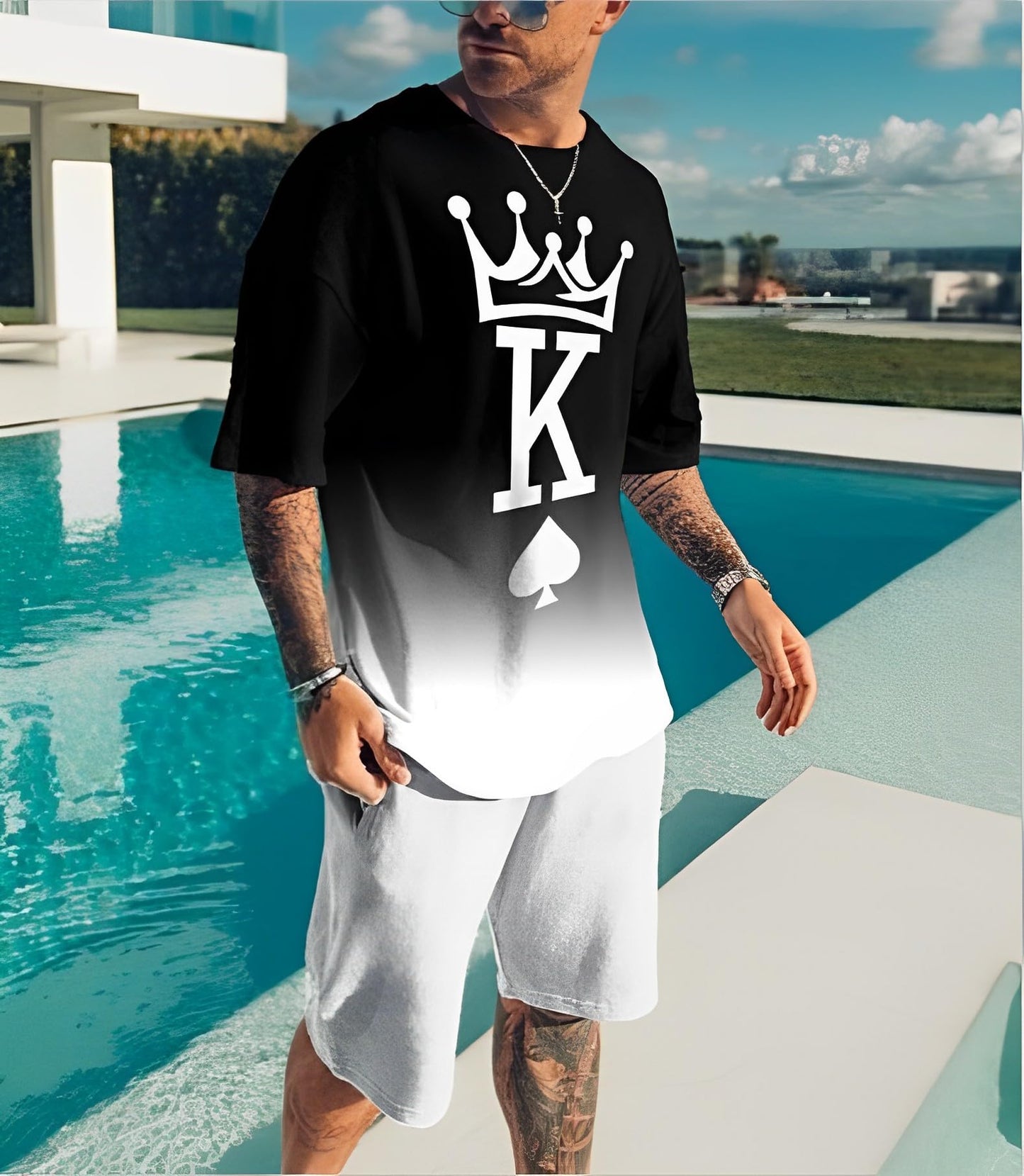 Men's Short Sets 2 Piece Summer Outfits Tracksuits Short Sleeve Shirt and Shorts 3D Poker Shirt