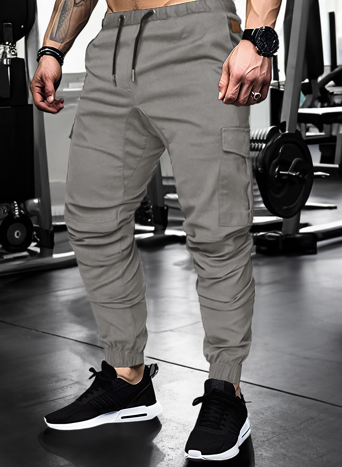 JMIERR Mens Fashion Cargo Pants - Casual Cotton Tapered Stretch Twill Drawstring Athletic Joggers Sweatpants with 6 Pockets