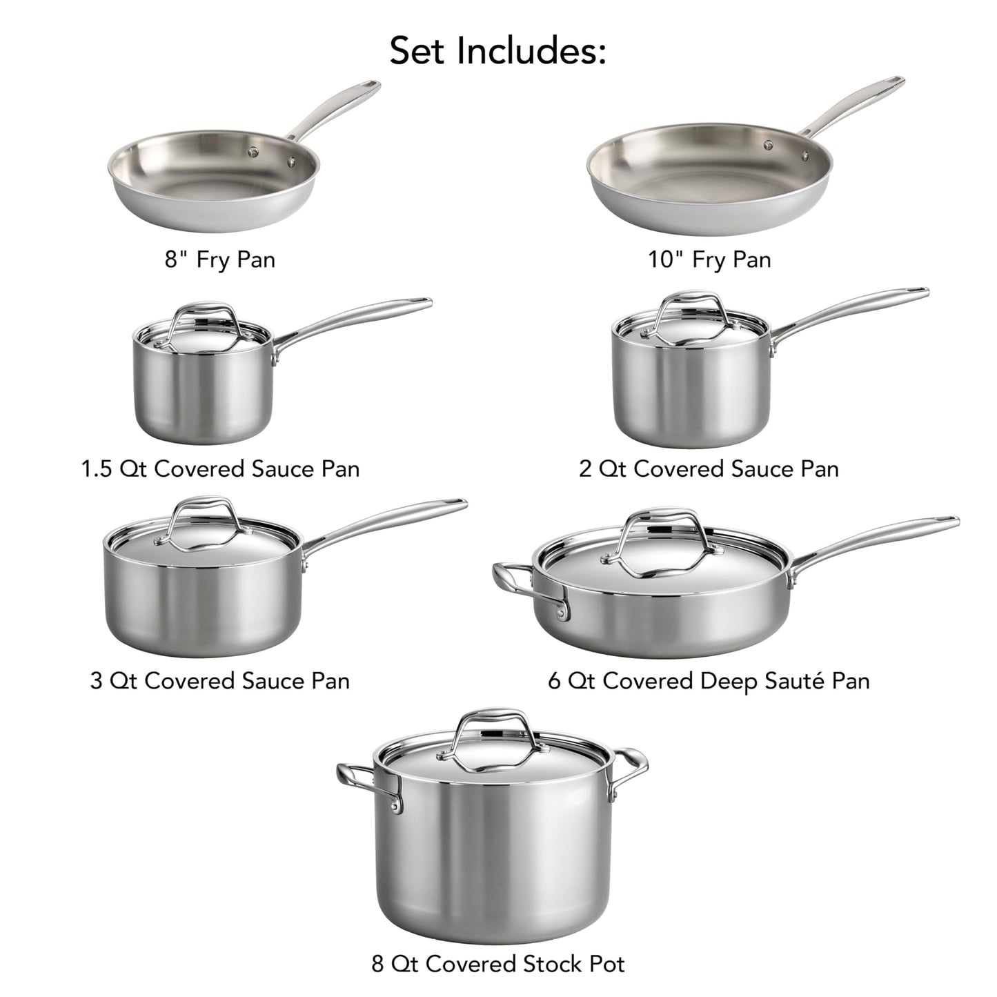 Tramontina Tri-Ply Clad Stainless Steel 11-Piece Cookware Set with Lids, Pots and Pans Kitchen Set, Induction-Ready, Dishwasher-Safe, NSF-Certified