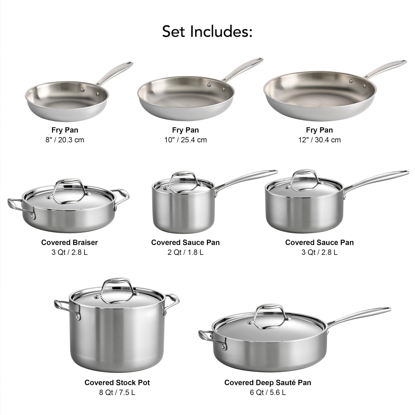 Tramontina Tri-Ply Clad Stainless Steel 11-Piece Cookware Set with Lids, Pots and Pans Kitchen Set, Induction-Ready, Dishwasher-Safe, NSF-Certified