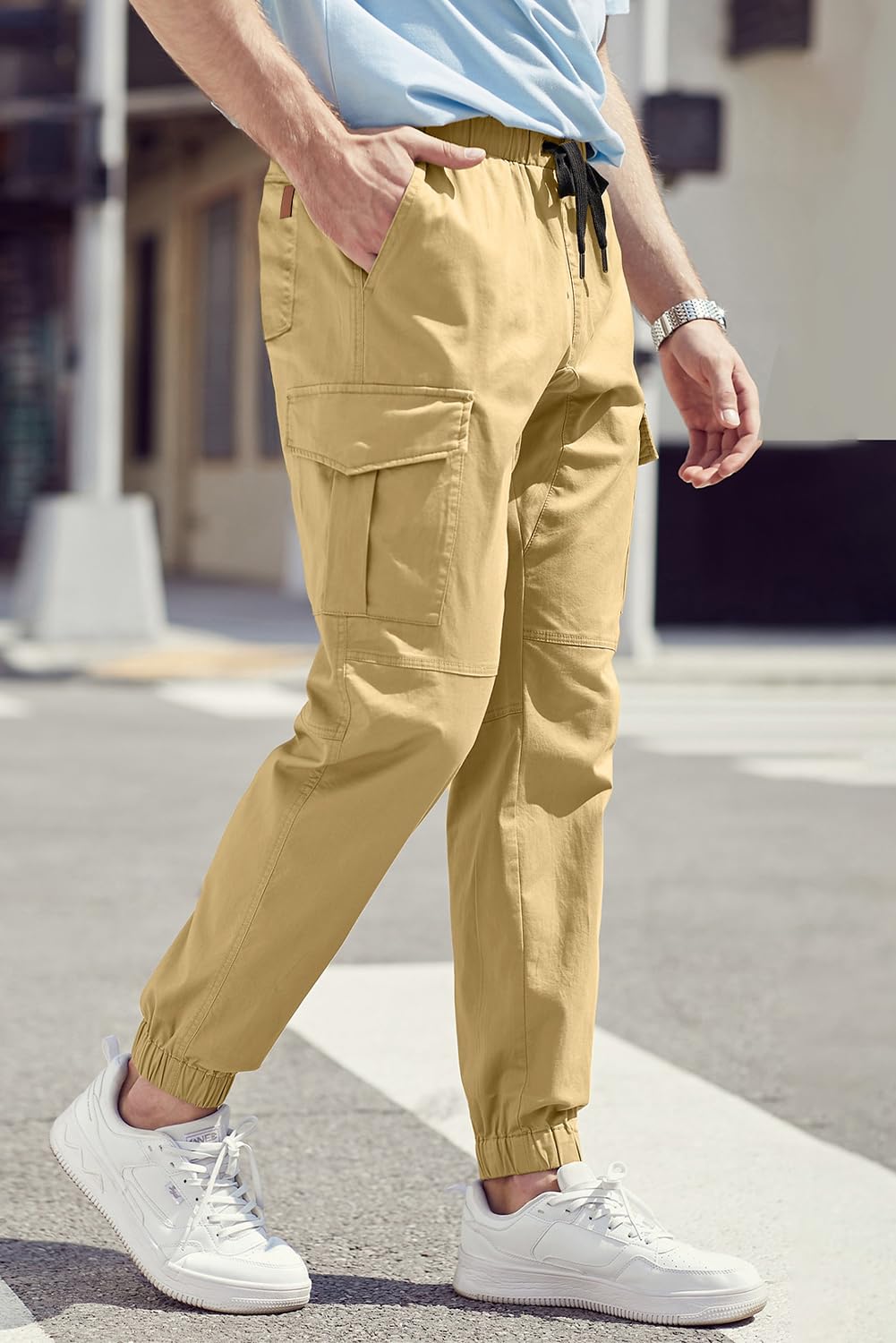 JMIERR Mens Fashion Cargo Pants - Casual Cotton Tapered Stretch Twill Drawstring Athletic Joggers Sweatpants with 6 Pockets