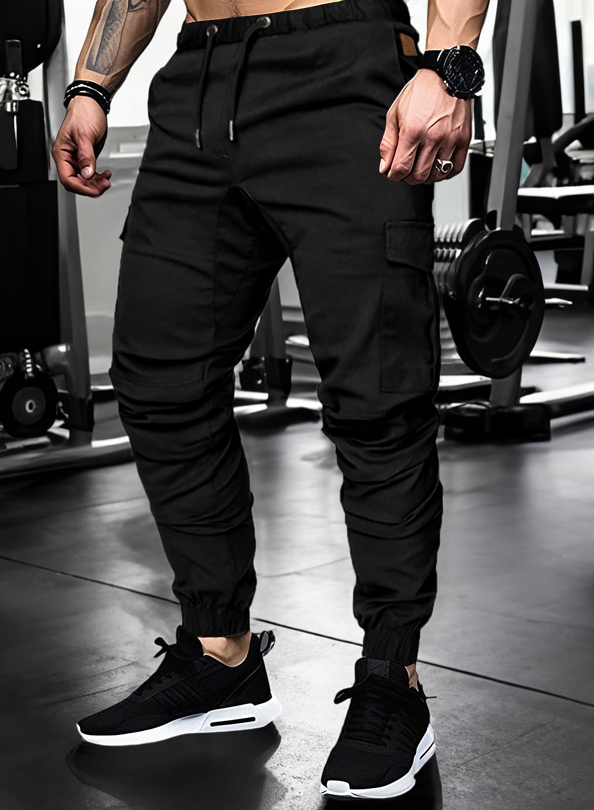 JMIERR Mens Fashion Cargo Pants - Casual Cotton Tapered Stretch Twill Drawstring Athletic Joggers Sweatpants with 6 Pockets