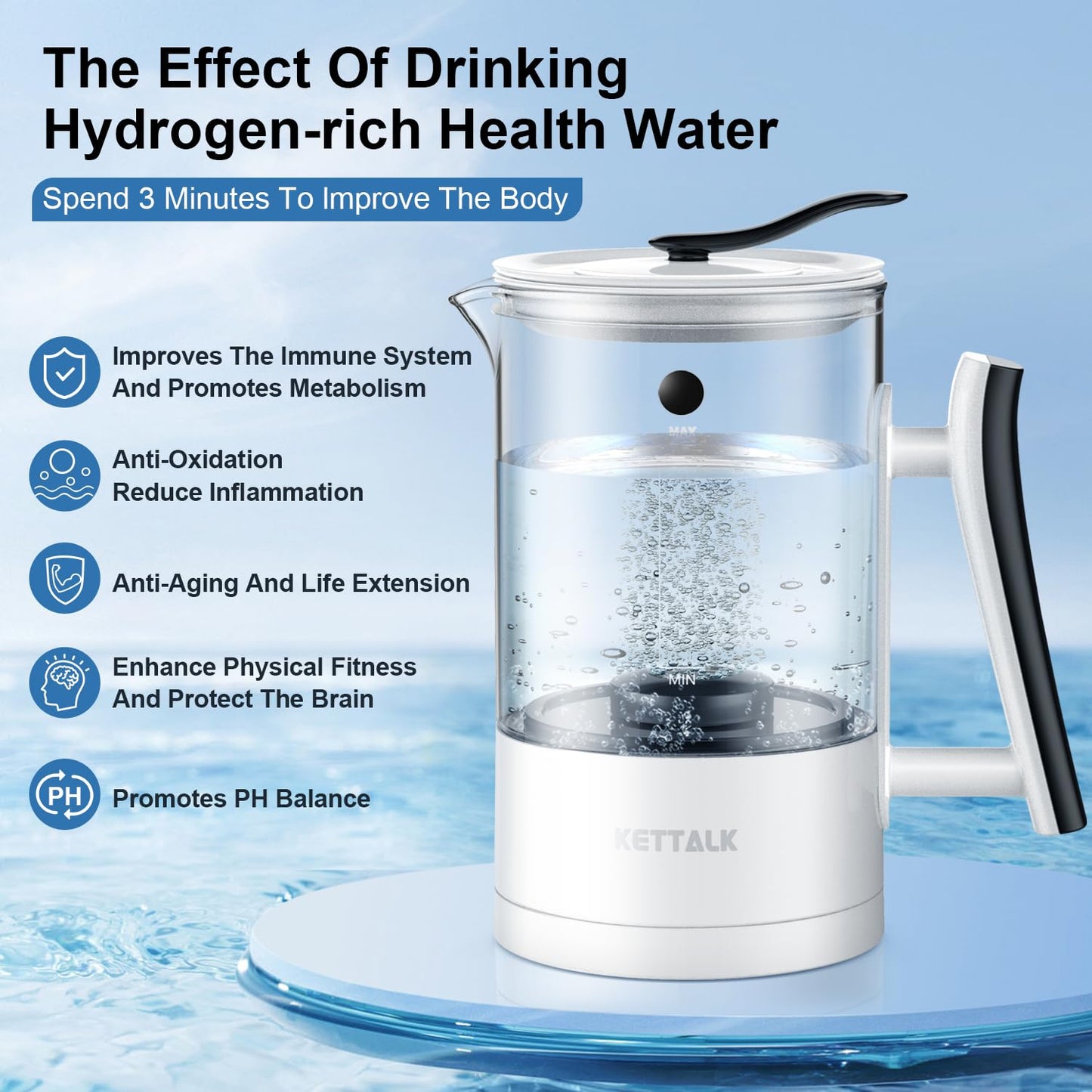 Hydrogen Water Pitcher, Rich Hydrogen Water Generator Electrolysis Jug BPA Free with SPE and PEM Concentrator Technology, Balanced Purified Water PH Levels, Hydrogen Content up to 2300 PPB