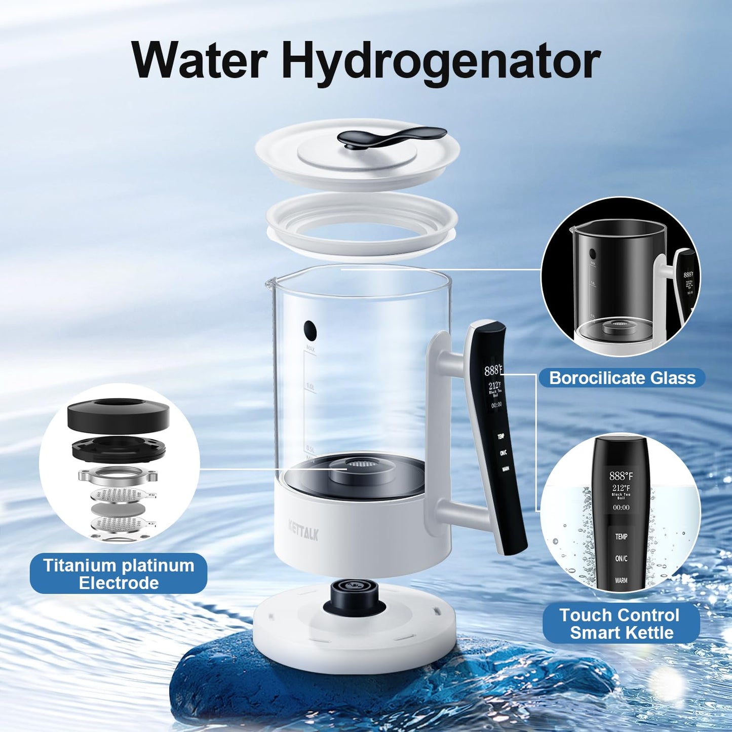 Hydrogen Water Pitcher, Rich Hydrogen Water Generator Electrolysis Jug BPA Free with SPE and PEM Concentrator Technology, Balanced Purified Water PH Levels, Hydrogen Content up to 2300 PPB