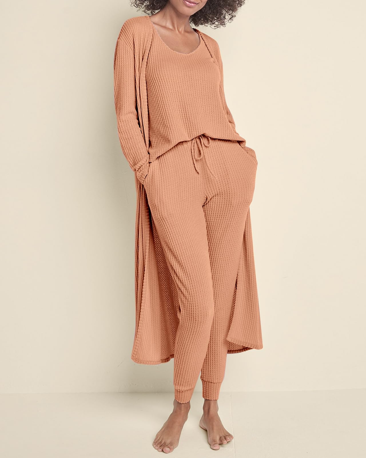 Eurivicy Womens Lounge Set Waffle Knit 3 Piece Pajama Sets Tank Tops Loose Pants with Long Cardigan Loungewear 2024