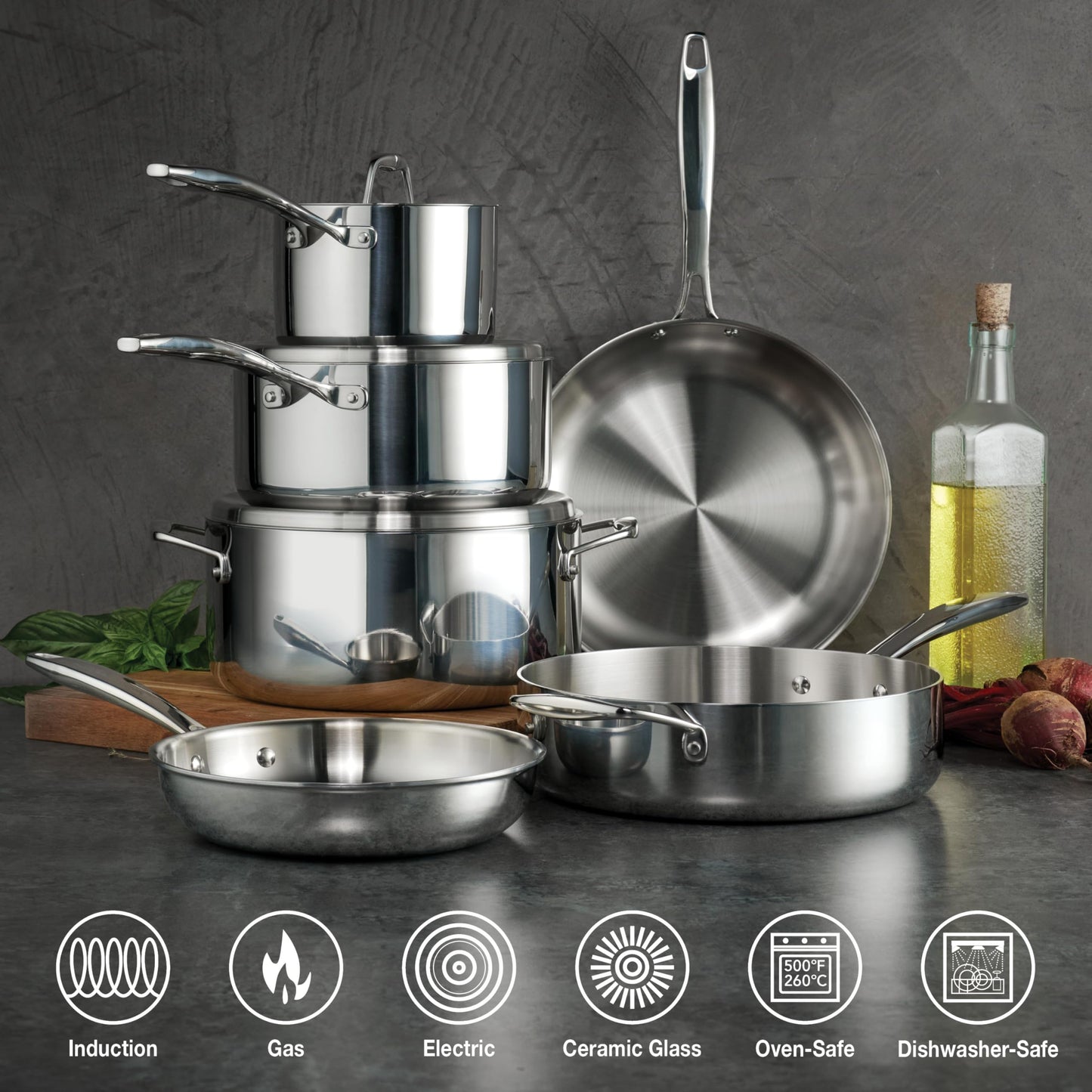 Tramontina Tri-Ply Clad Stainless Steel 11-Piece Cookware Set with Lids, Pots and Pans Kitchen Set, Induction-Ready, Dishwasher-Safe, NSF-Certified